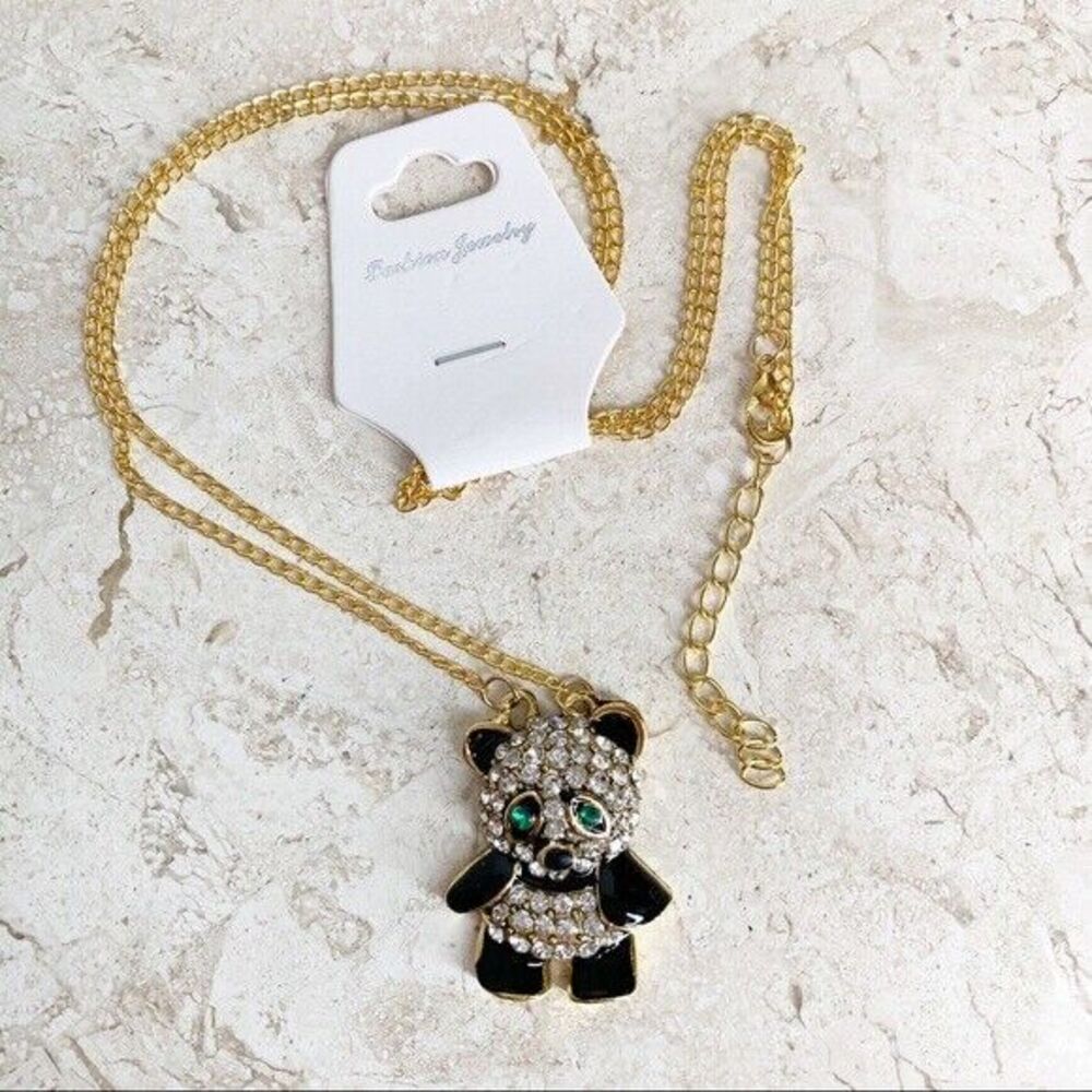 PANDA BEAR Pendant Necklace NEW Black White Rhinestone Green Eyes Gold Chain NWT - Picture 6 of 7